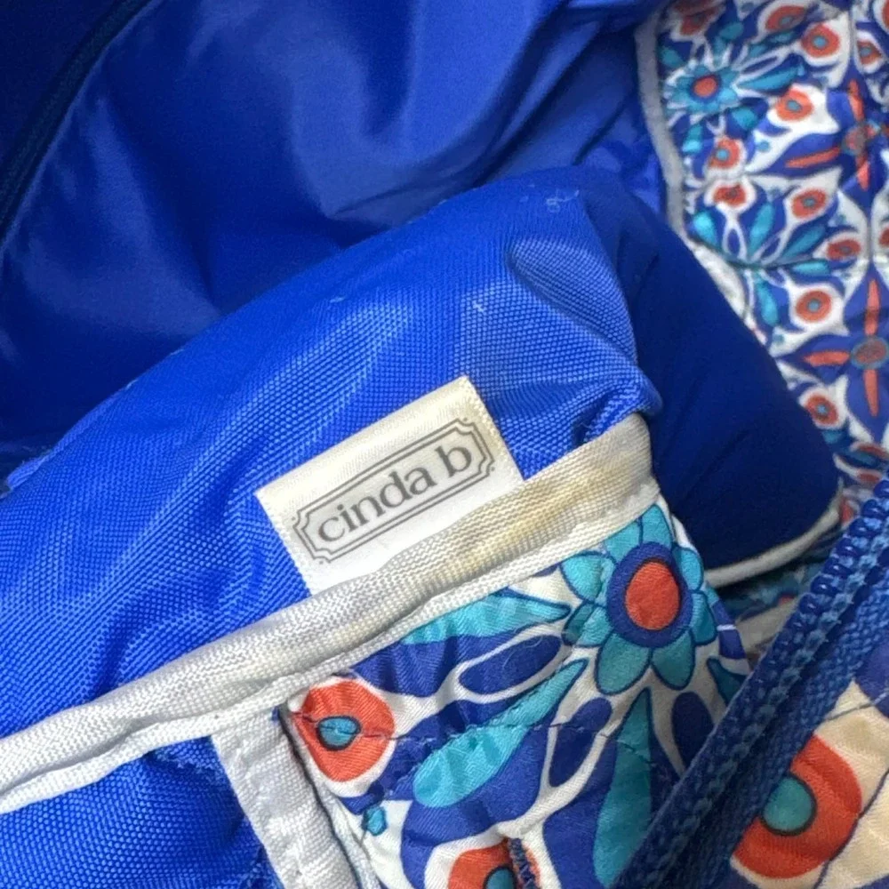 Cinda B Bag Quilted Hobo Tennis Tote Blue Floral Quilted Shoulder Strap Full Zip